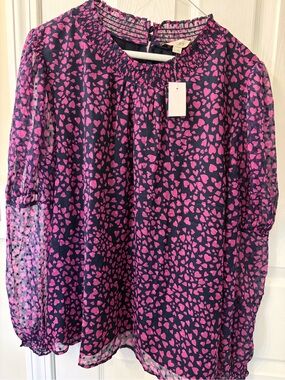 LOFT Navy Top with Bright Pink Heart Print